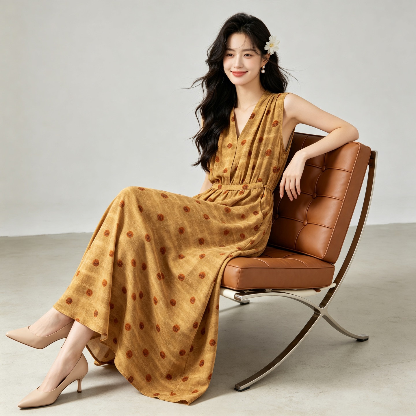 焦糖波点桑蚕丝V领无袖连衣裙女夏收腰A字裙显瘦气质真丝中长裙