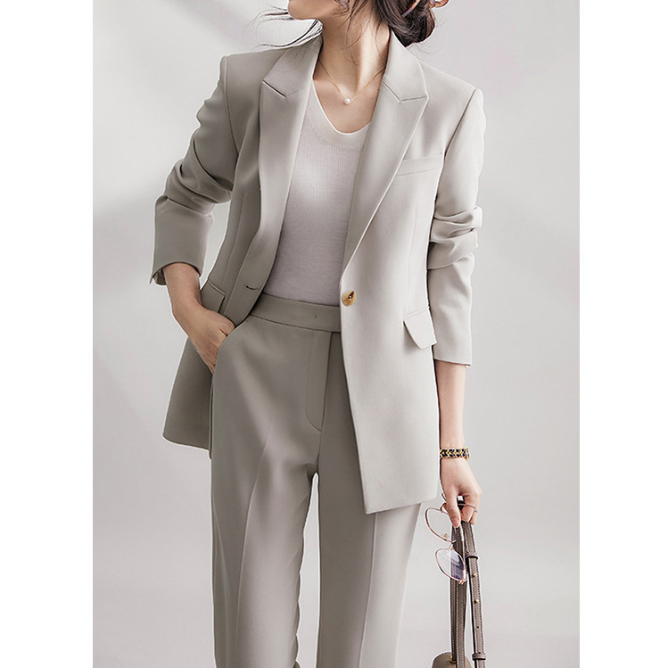 高级感三醋酸 修身西服/西裤套装2026春季新款米灰小西装长袖女装