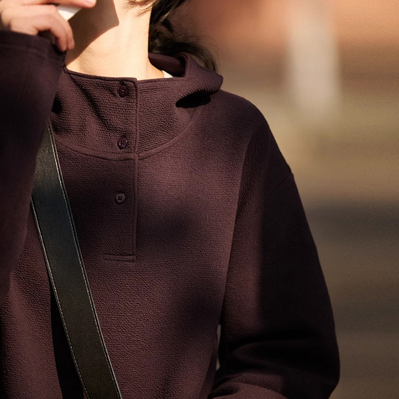 波浪纹缩绉肌理连帽卫衣半门襟立领上衣2026春季新款女装长袖外套