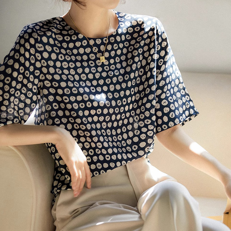 真丝波点衬衫短袖桑蚕丝T恤上衣高级感女装2026新款夏小众设计感